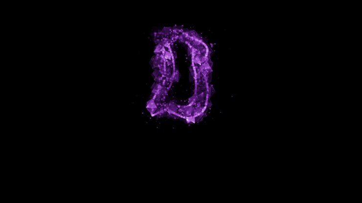 Lettera D luminosa di particelle viola su sfondo trasparente
