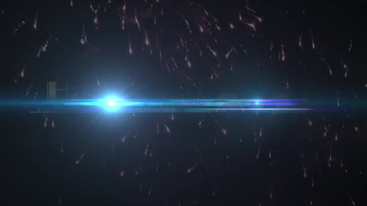 블루 스 ⁇ 의 빛과 검은 바탕에 폭발하는 불꽃놀이를 배경으로 새해 축하 문자 배너