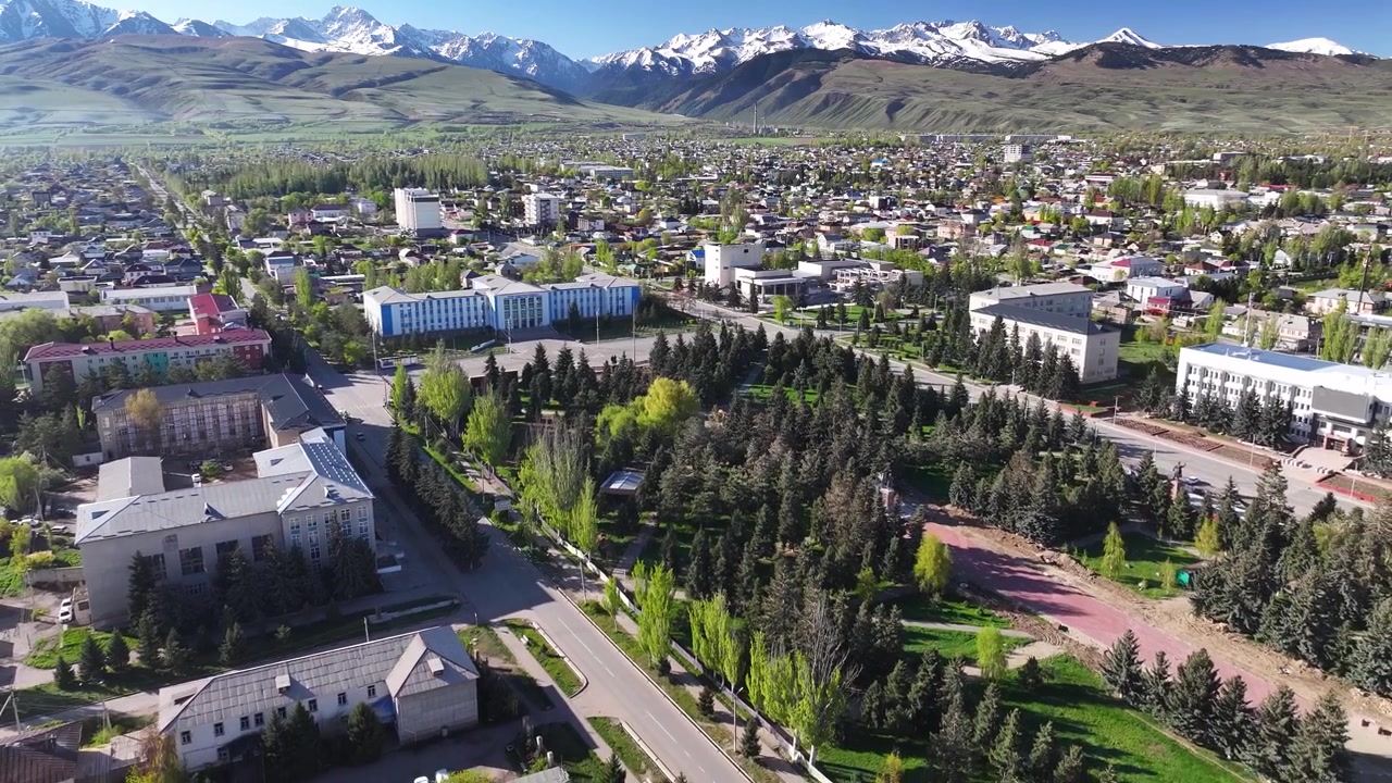 Universiteit in Karakol en stadspark. Drone stadsgezicht met bergen op de achtergrond. Kirgizië