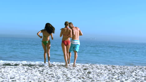 grupo de amigos corriendo hacia el mar