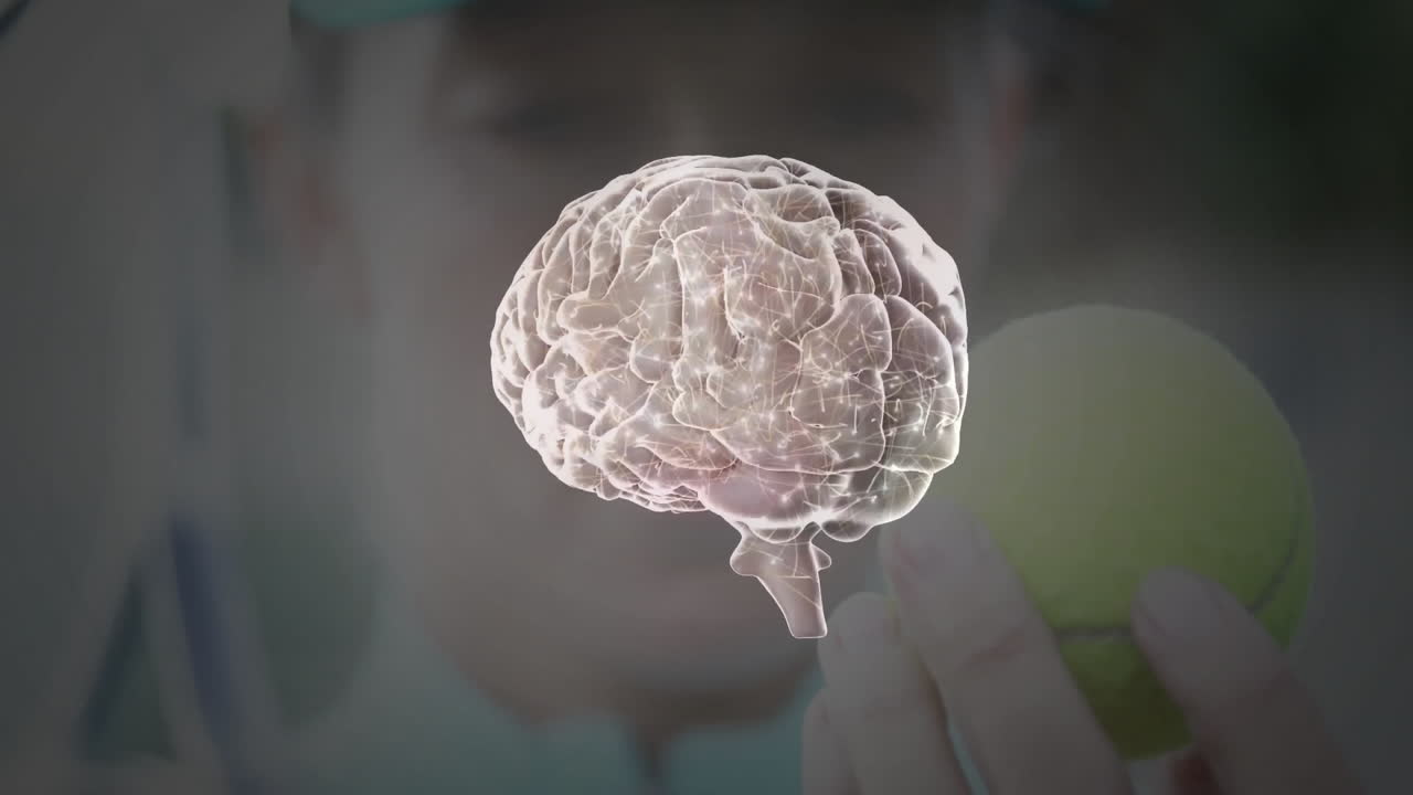 woman holding tennis ball on court while technology showcasing holographic brain and neural network