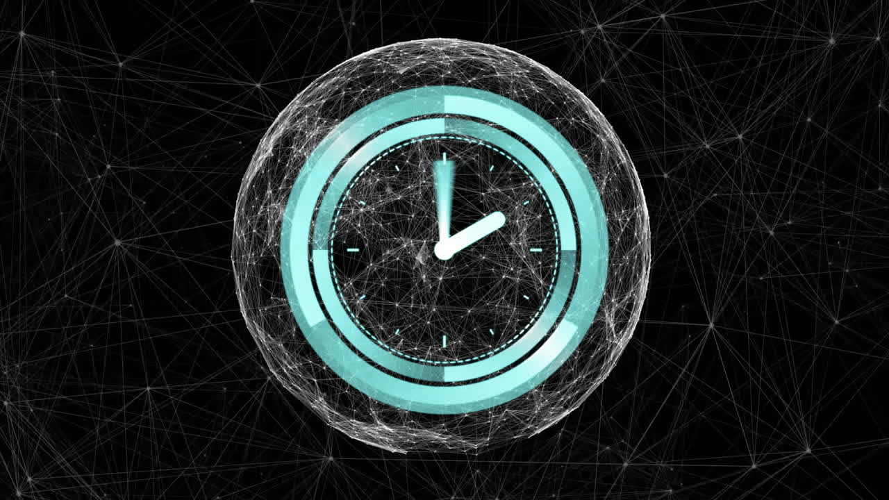 animación de las conexiones de red, reloj sobre fondo negro