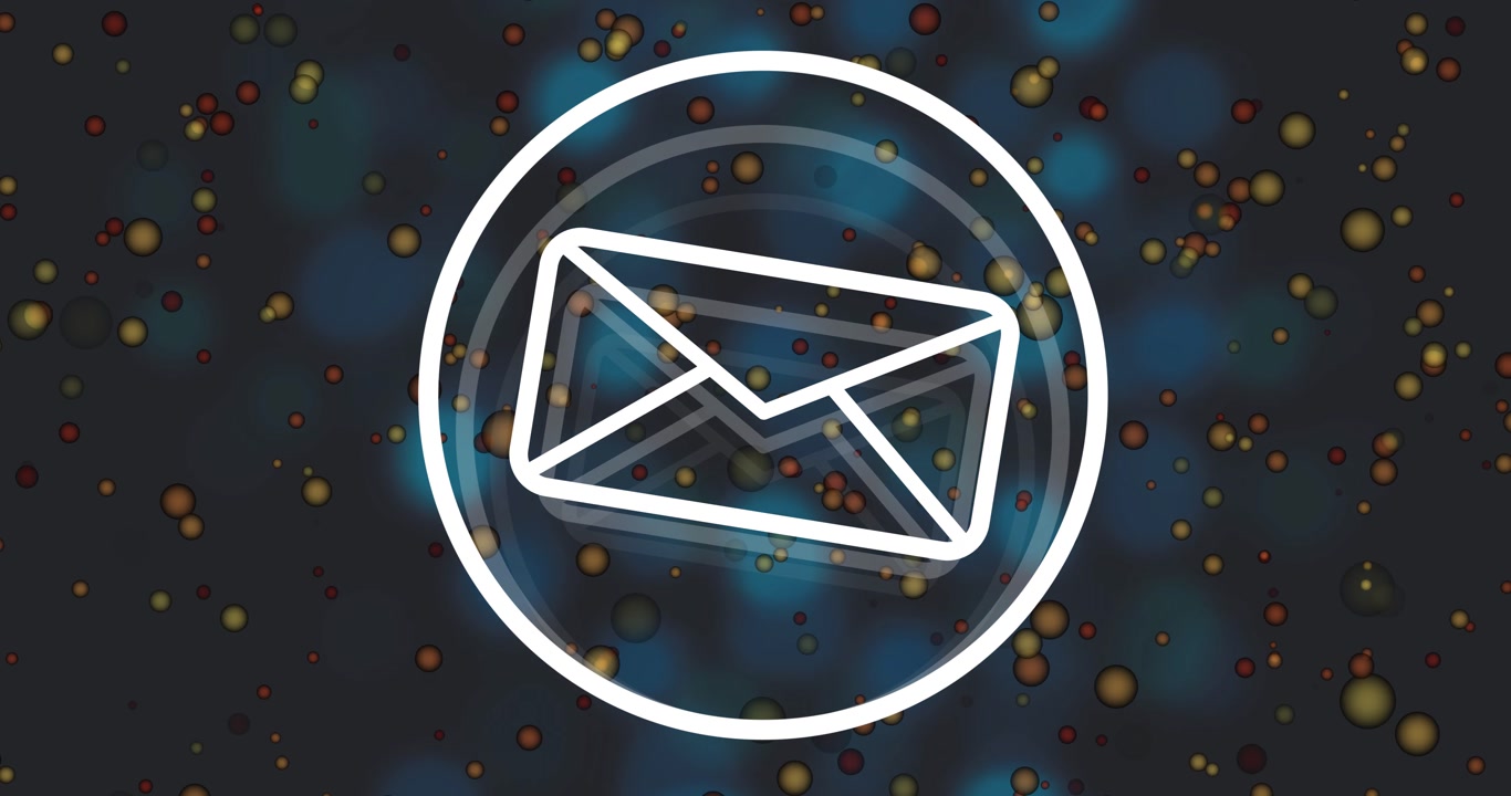 Ring appearing, envelope resolving and rotating, particles animating and drifting to signal message