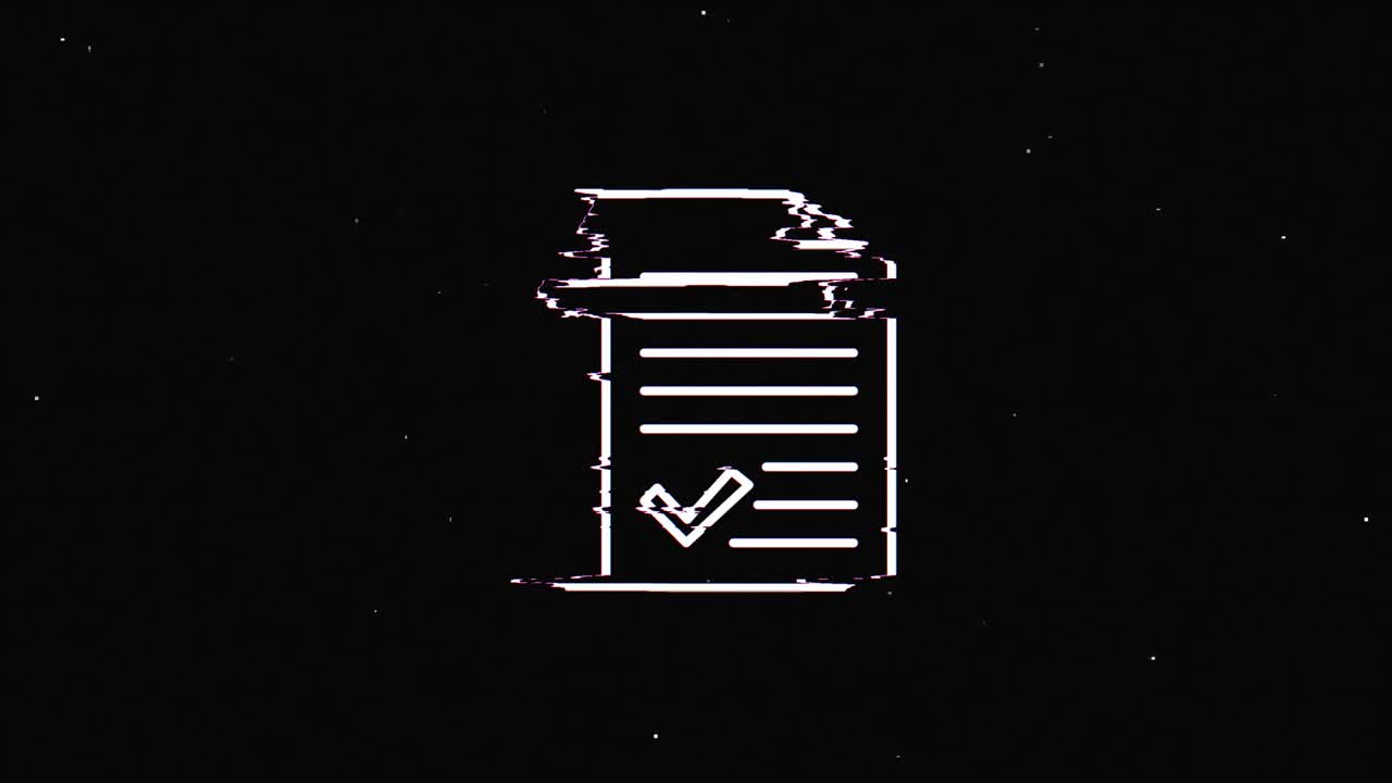 Line clipboard check mark hud holographic symbol on digital old tv screen seamless loop glitch animation. Hearts. Dynamic retro and joyful. Colorful and vintage video footage.