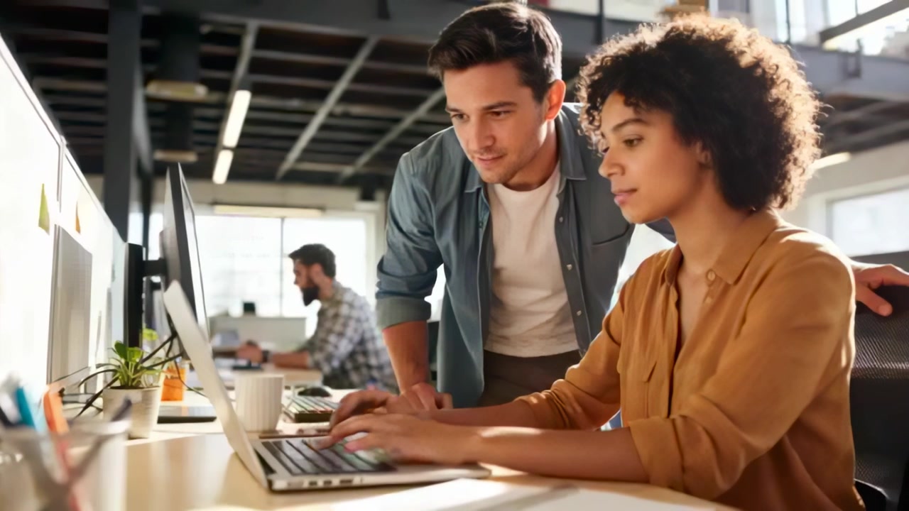 Pointing male colleague in button shirt guiding woman typing at office with laptop, mustard top