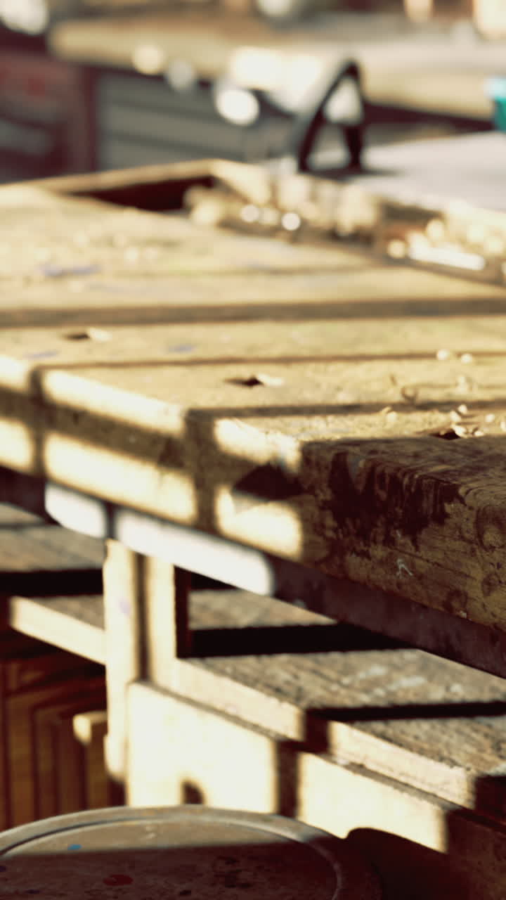 Wooden table in workshop during sunny day with tools and materials nearby