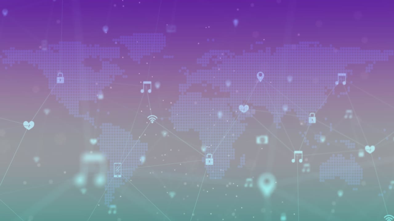 Animação de rede de ícones digitais sobre um mapa-múndi contra um fundo de gradiente roxo