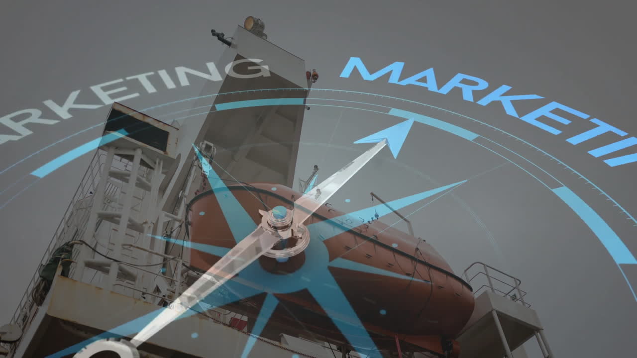 도시 위의 마케팅 텍스트와 함께 나침반의 애니메이션