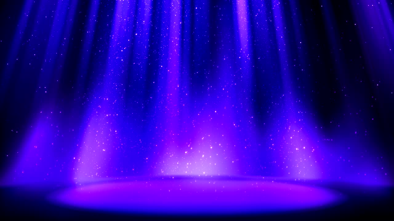 Empty blue purple scene on glittering background, place lit by soft indigo spotlight, falling shiny sparkling particles. Indigo background with soft glow, divine radiance. Seamless loop