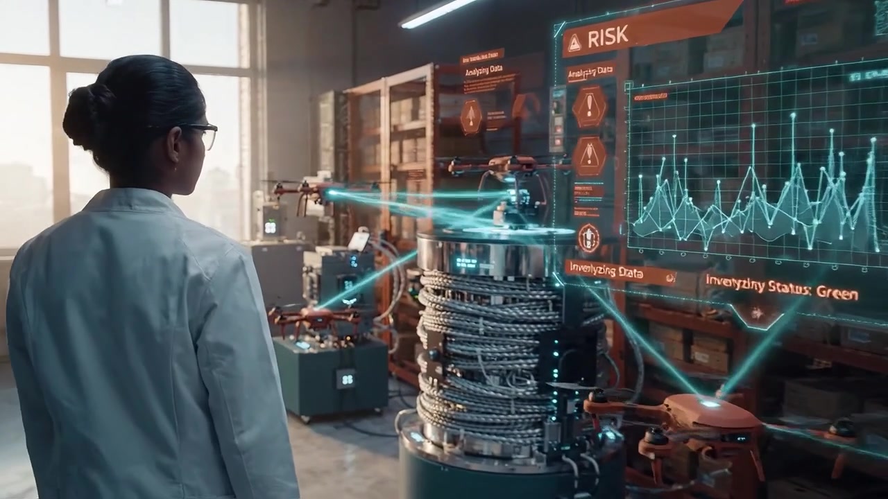 Scientist Monitoring Drones and Holographic Data in a High-Tech Warehouse