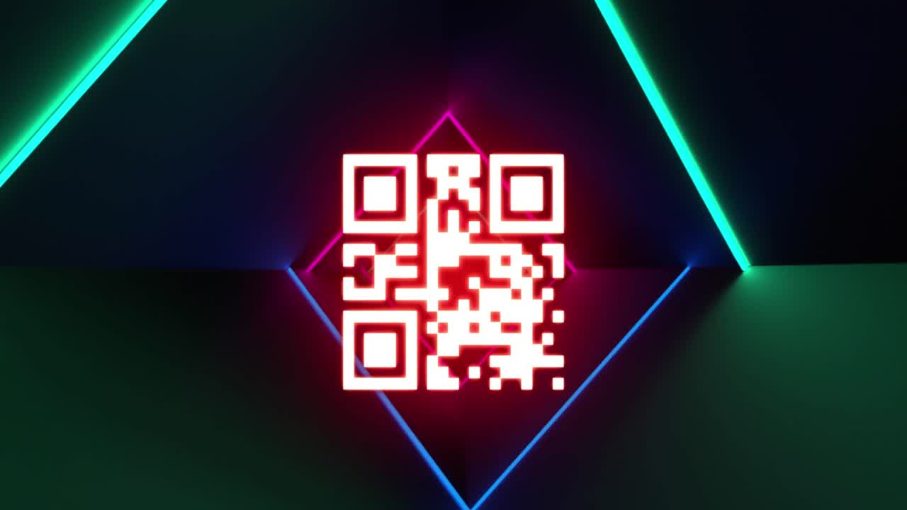 animación del escáner de código qr sobre senderos de luz de neón en un patrón sin costuras contra un fondo negro.
