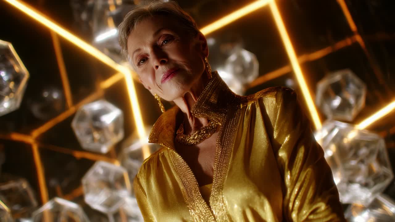 A poised and elegant woman in a stunning golden outfit stands amidst a backdrop of crystal-like shapes illuminated with warm glowing lights, exuding confidence and grace in a captivating setting