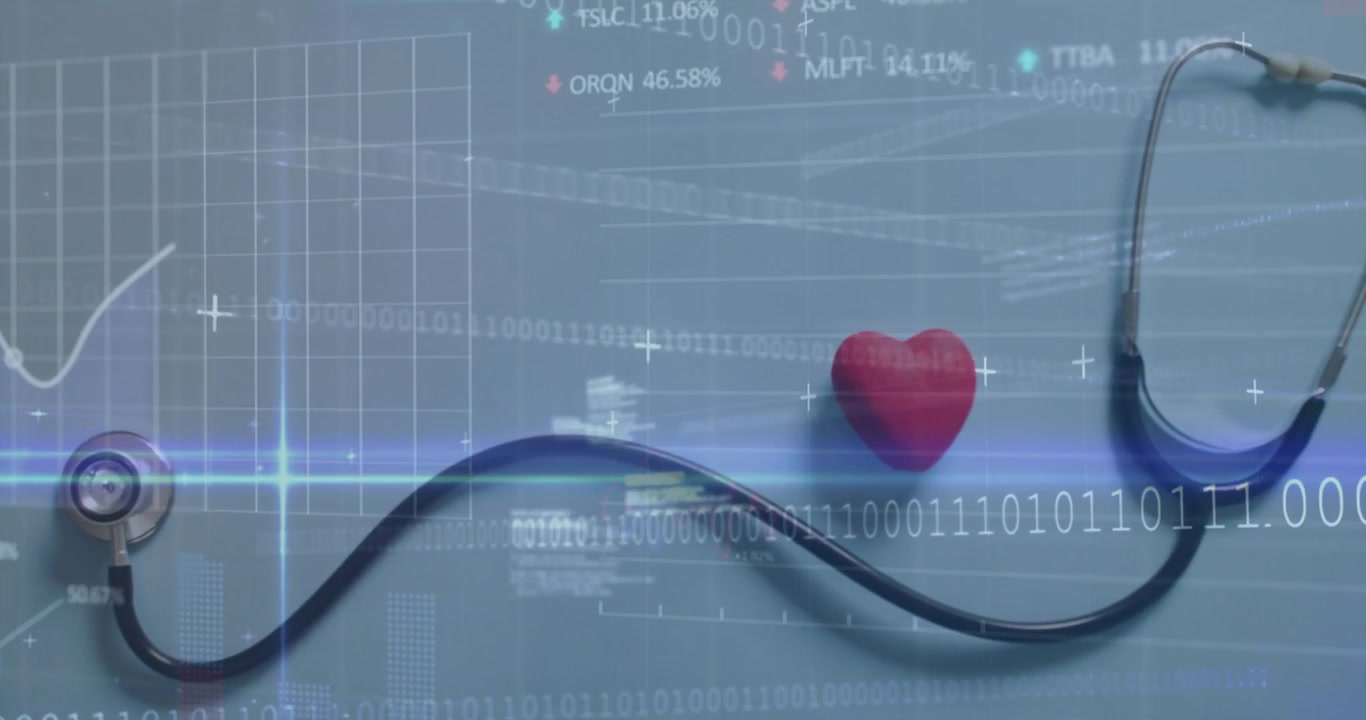 Estetoscopio y modelo de corazón rojo con superposición de datos médicos digitales