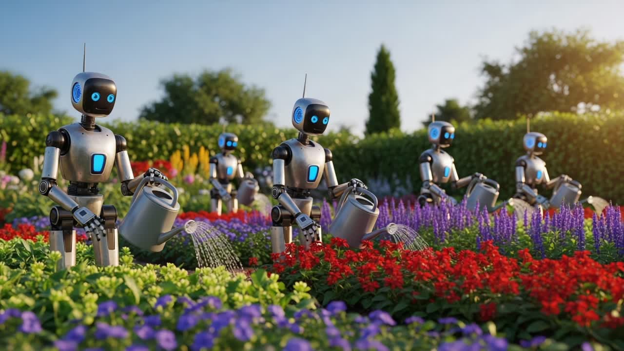 A Future of Botany: Robots Gracefully Tending to Blossoming Flowers in a Vibrant Garden, Showcasing the Harmony Between Technology and Nature's Beauty