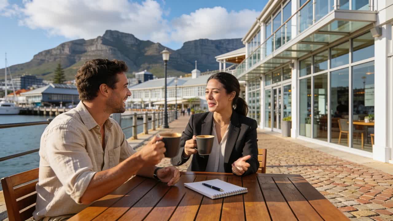 Segurando canecas e sorrindo, colegas de trabalho de camisa e blazer conversam sobre trabalho em um café na marina, caderno.