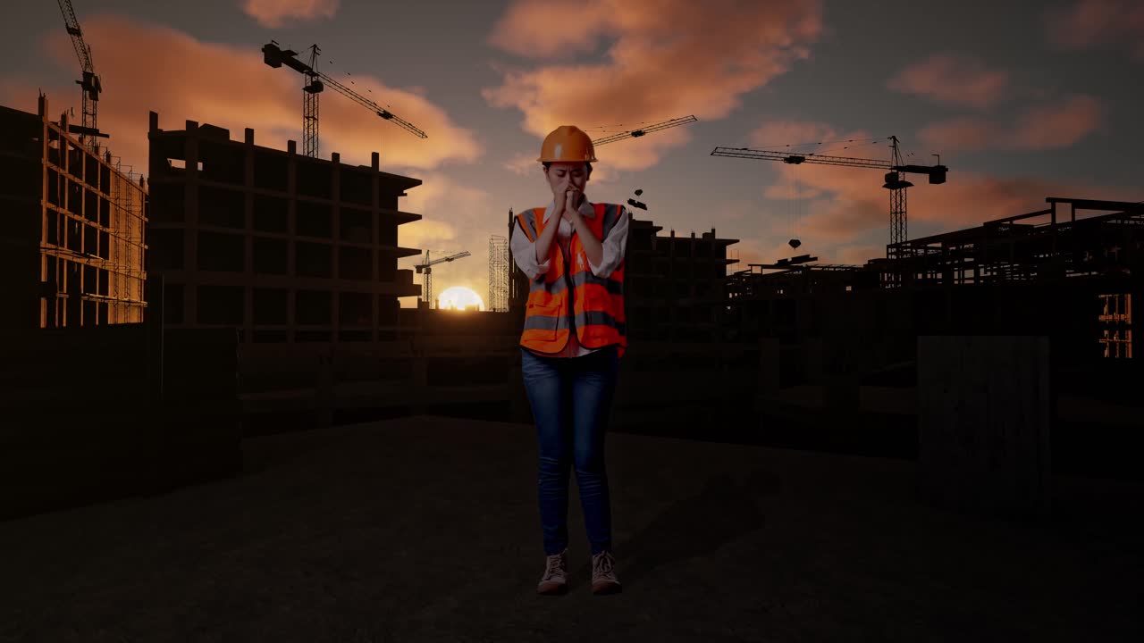 Full Body Of Asian Female Engineer With Safety Helmet Pray For Something While Standing At Construction Site in Progress to New House