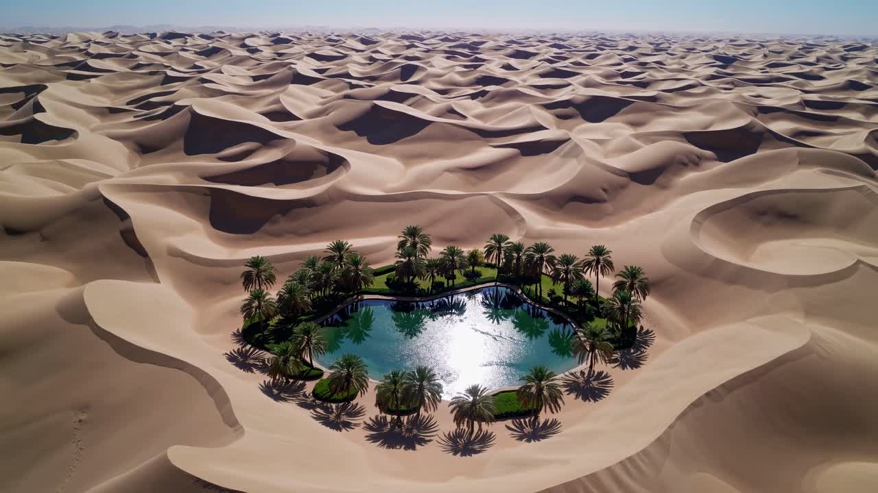 Oasi serena nel deserto con palme e acqua cristallina tra le dune di sabbia