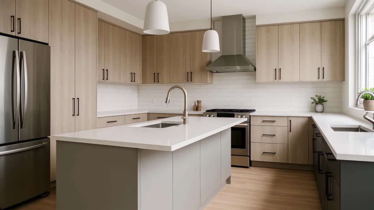 Modern kitchen with light wood cabinets and stainless steel appliances, captured from a wide-angle