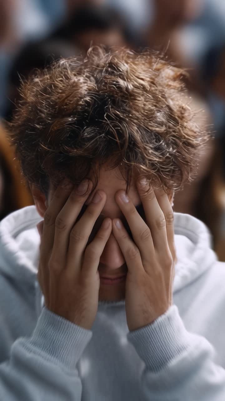 A person with curly hair covers their face with hands, conveying deep emotions in a crowd, expressing feelings of distress and vulnerability in a public setting