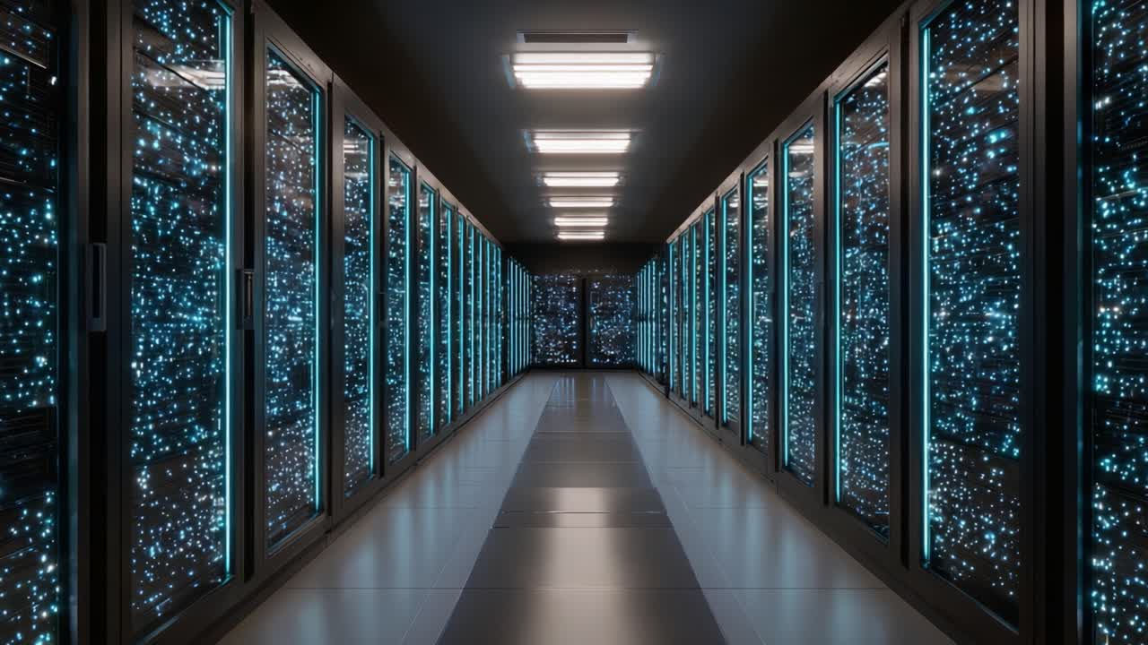 Exploring a Futuristic Data Center Corridor Illuminated by Ambient Lights and Sparkling Fiber-Optic Cables, Showcasing Advanced Technology in Action