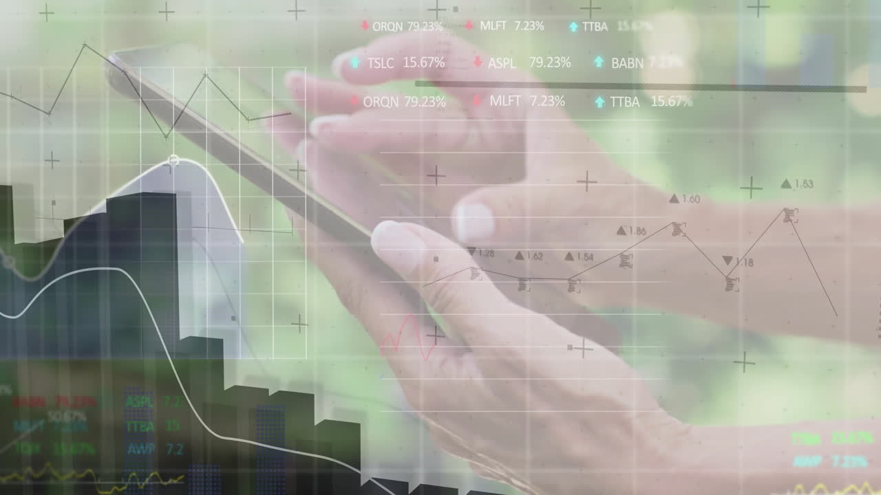 Woman tapping smartphone outdoors, displaying finance charts, bar graphs and stock tickers
