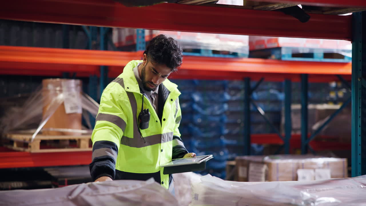 Addetto al magazzino che verifica l'inventario con un tablet digitale.
