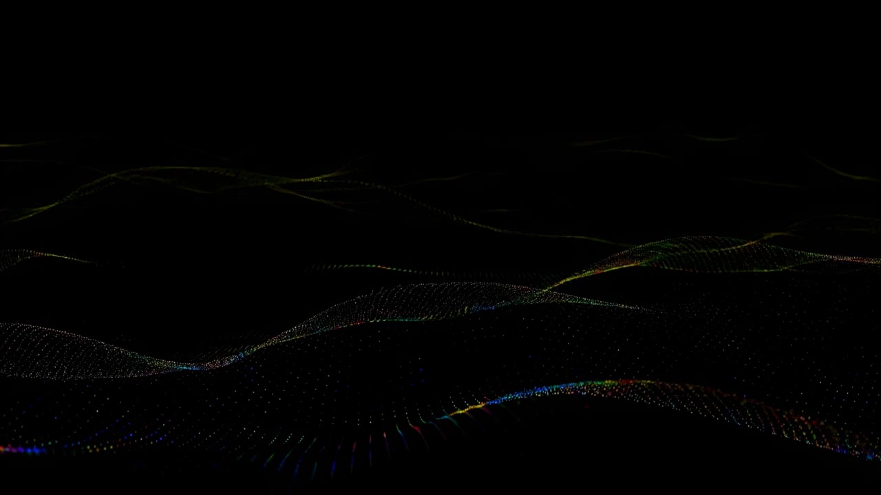 Multicolor Data Wave Flowing Across Black Background, Dotted Particles Form Rippling Waveform With Subtle
