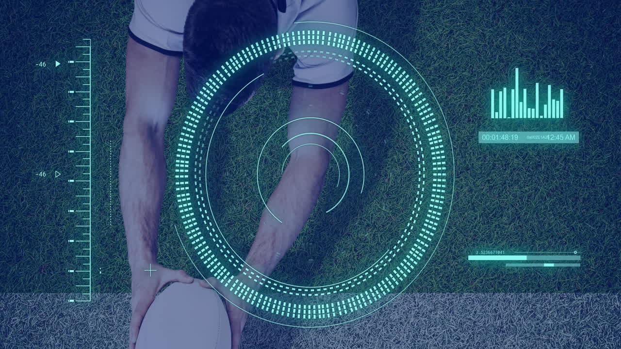 animación de escaneo de alcance y procesamiento de datos sobre hombre caucásico jugando al rugby.