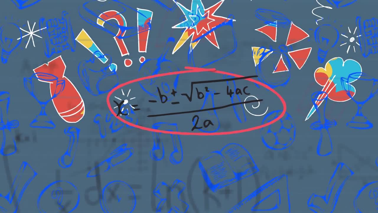 animación de iconos escolares sobre ecuaciones matemáticas