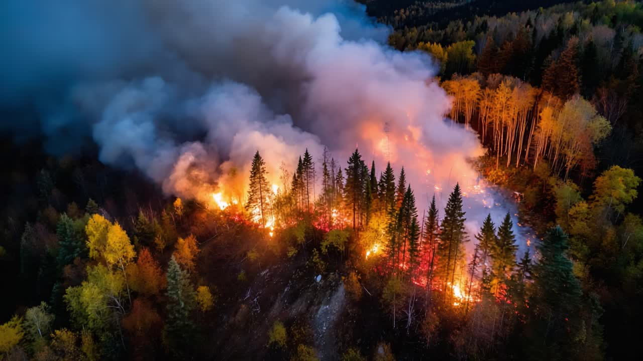 Vista aerea di un intenso incendio boschivo con fumo denso e lussureggiante fogliame autunnale sullo sfondo, che cattura la devastazione degli incendi
