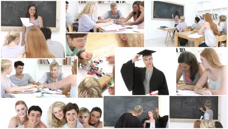 collage of motivated teenagers studying