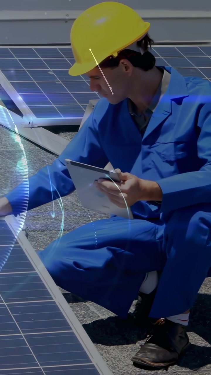Video verticale: Panoramica della telecamera, tecnico fotovoltaico inginocchiato che controlla i pannelli, toccando e registrando su tablet tramite HUD