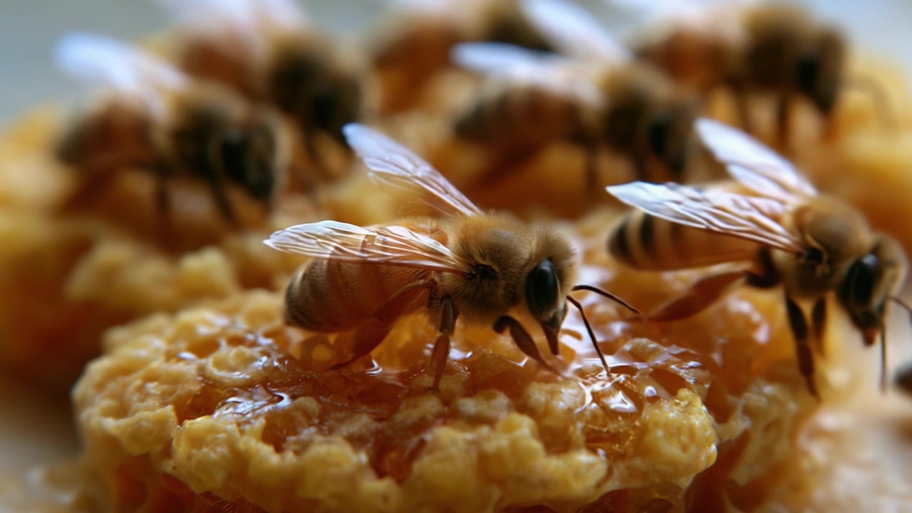 Primo piano di api mellifere che raccolgono nettare sul favo - Uno sguardo affascinante sulla vita delle api e il loro contributo alla natura.