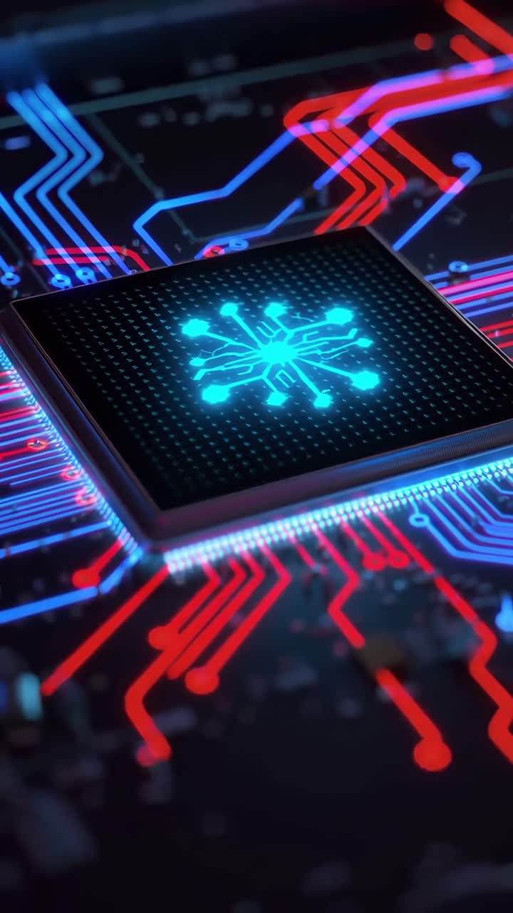 Primo piano futuristico di una scheda di circuito, linee neon blu e rosse, angolazione dall'alto, tema video tecnologico.
