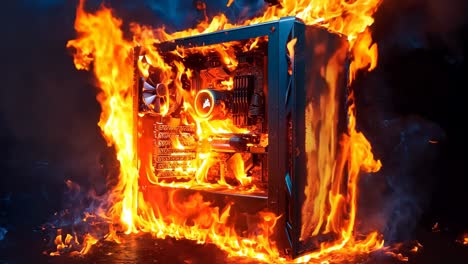 a computer case on fire with a blue background