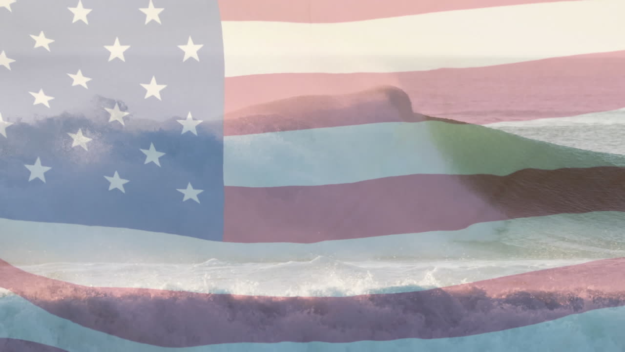 composición digital de agitarnos la bandera contra las olas en el mar