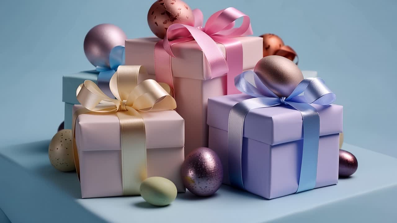 Scatole Regalo Colorate e Uova Decorative su uno Sfondo Blu Tenue: Una Disposizione Festiva Perfetta per Celebrazioni e Occasioni Speciali.