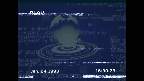 Animation-of-play-interface-on-screen-and-data-processing-and-globe-on-blue-background