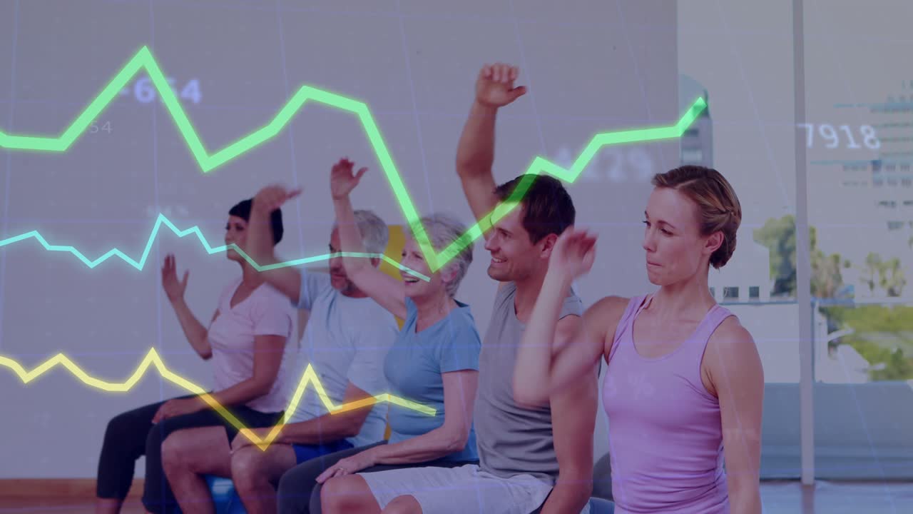 Indicazione dell'allenatore, cinque persone sulle palle che alzano le braccia e si inclinano, grafici animati che monitorano le metriche per il fitness.