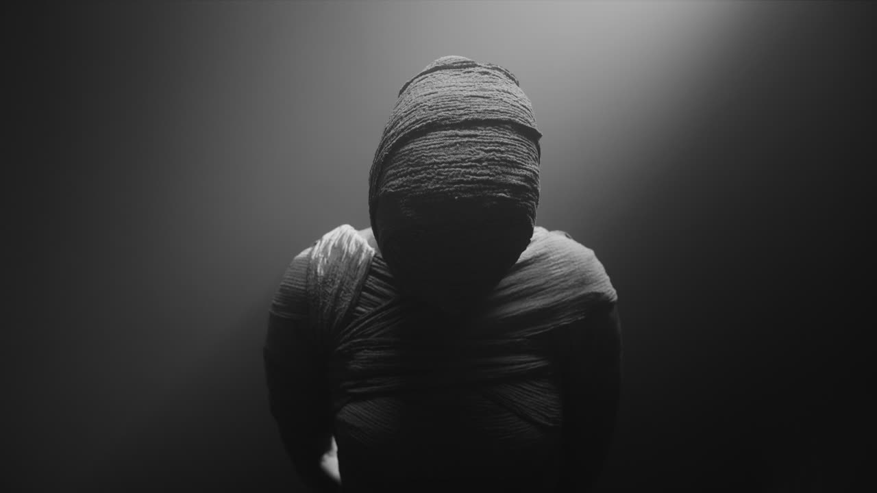 A mummy of a woman on a dark backdrop turns her head