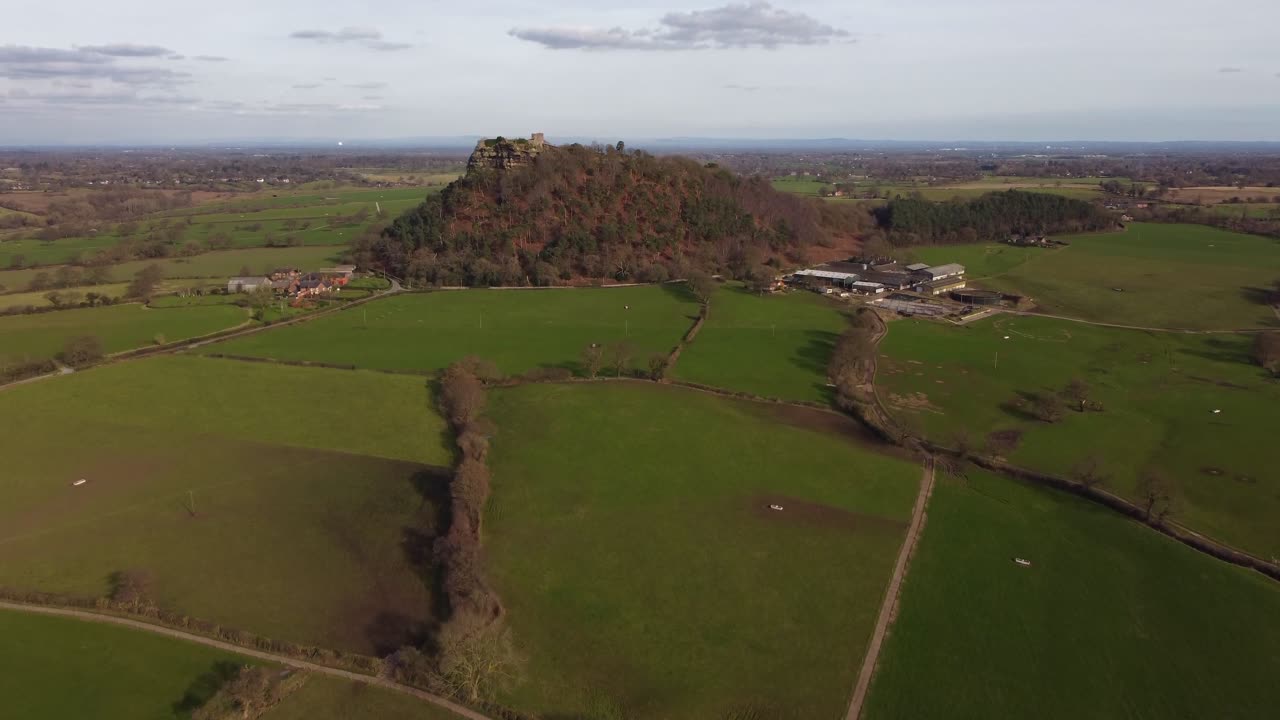 Drone approaching Beeston Castle from the distance - Cheshire, England