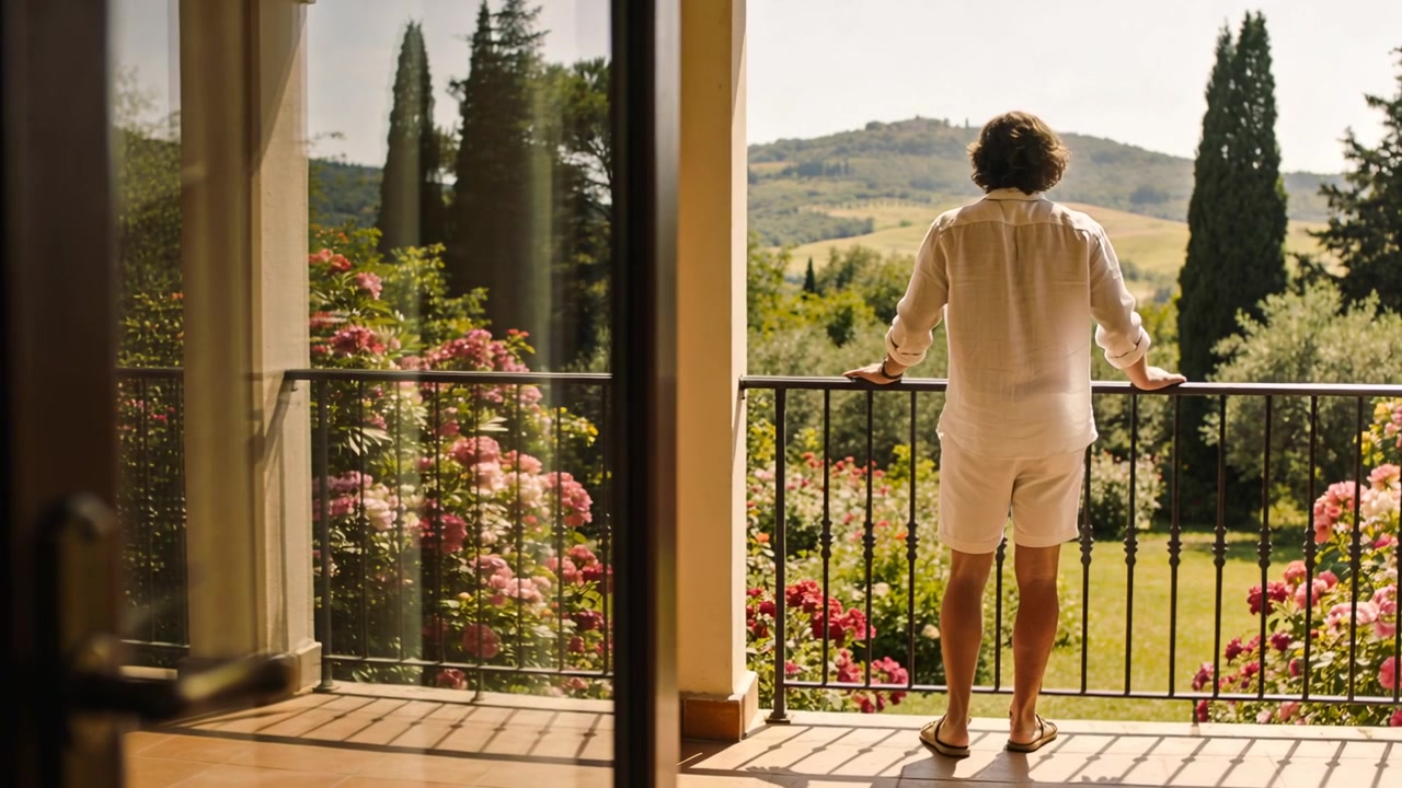 Uomo in piedi con camicia chiara e pantaloncini sulla porta del balcone, appoggiato alla ringhiera, che contempla le colline.