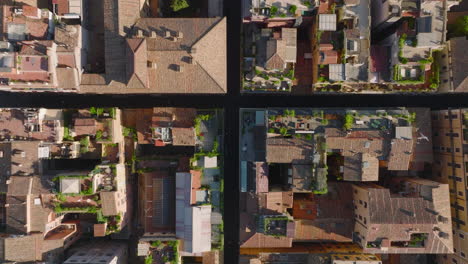 Overhead-ascending-shot-of-old-residential-houses-and-narrow-streets-in-city-centre.-Terraces-with-green-plants.-Rome,-Italy