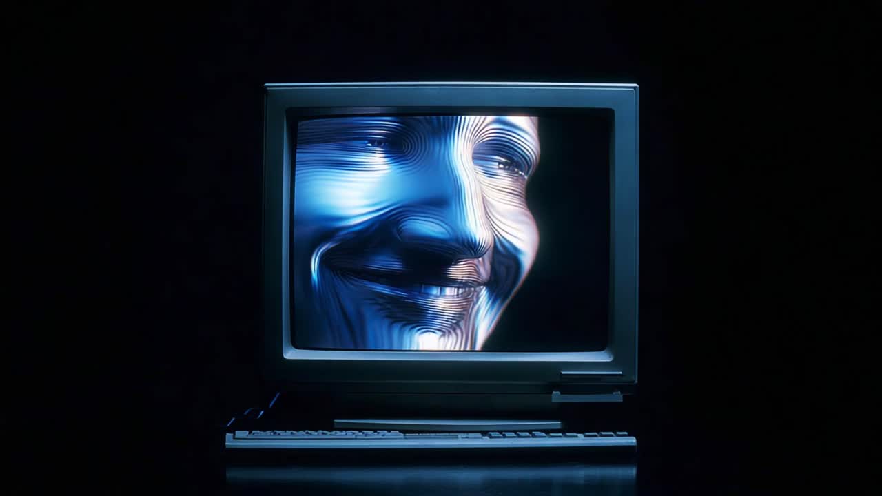 A mesmerizing visual exploration of the human face displayed on an old monitor, highlighting the contrast between joy and intensity in the expression captured within the digital realm