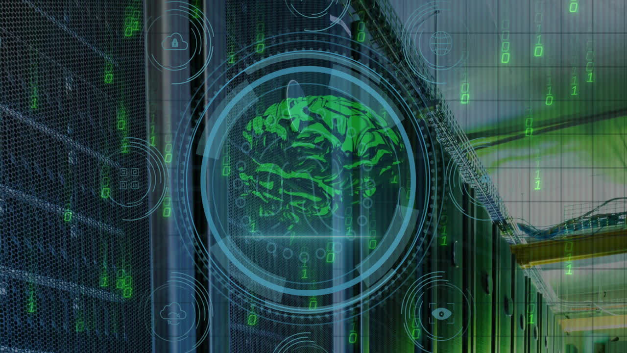 Animation of scope scanning and data processing over digital brain and server room