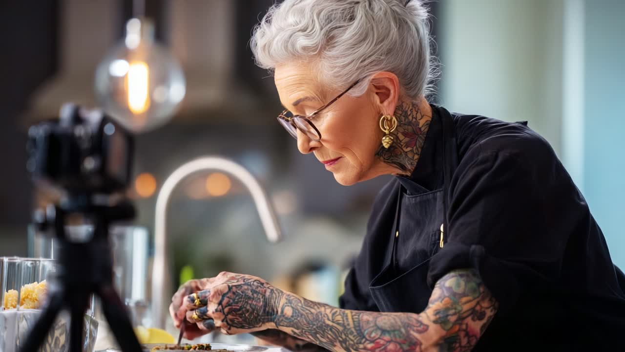 An experienced culinary artist carefully prepares a dish, showcasing intricate techniques in a modern kitchen filled with elegant decor and stylish kitchenware