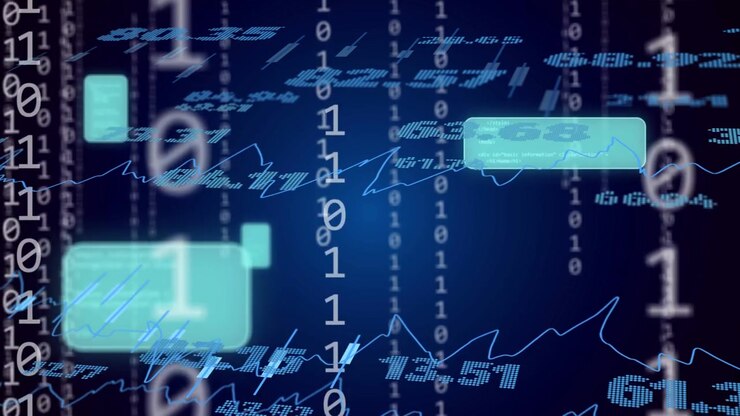 Bits falling starting floating data view teal panels sliding tickers turning showing data shifts