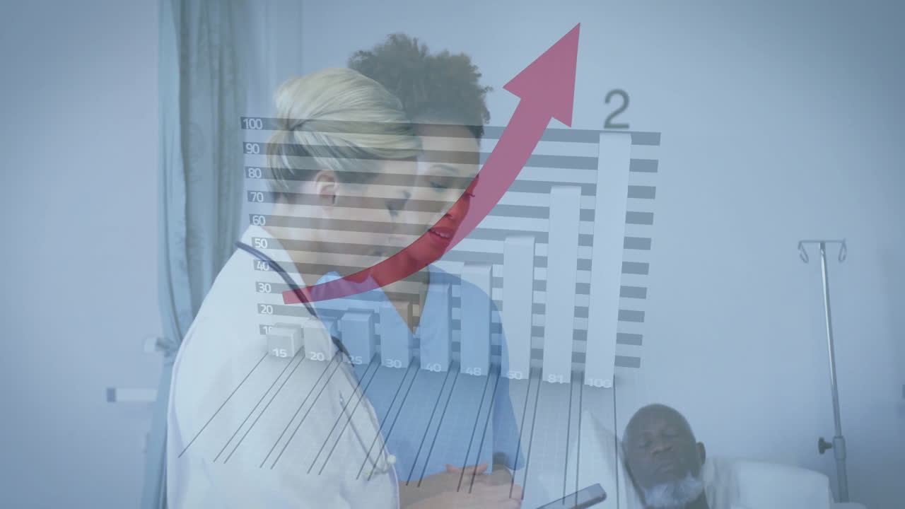 Doctor and nurse consulting tablet beside bed in hospital, showing chart animation with red arrow