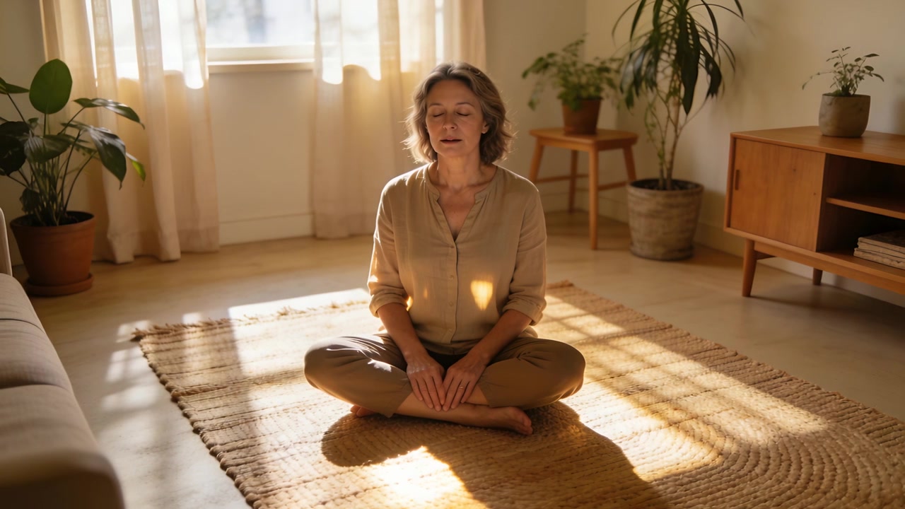 Donna con top color cuoio e pantaloni marroni, seduta sul tappeto del soggiorno, che inizia la meditazione sotto la luce del sole.
