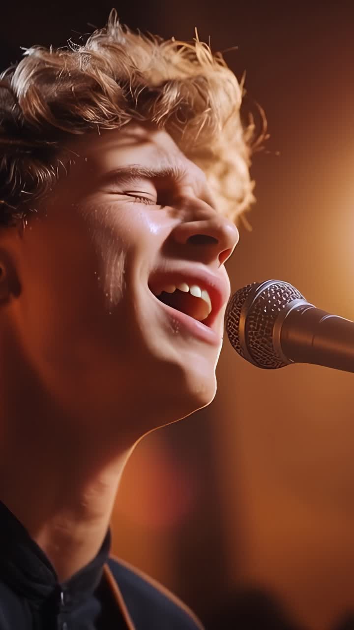 Um Jovem Músico Atuando Apaixonadamente com um Microfone, Capturando a Emoção do Entretenimento ao Vivo e da Expressão Musical em Duas Molduras Deslumbrantes